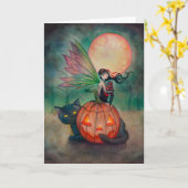 Halloween Pixie Fairy and Black Cat Fantasy Art Kaart (Gele Bloem)