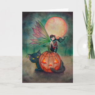 Halloween Pixie Fairy and Black Cat Fantasy Art Kaart