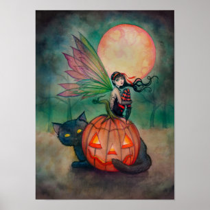 Halloween Pixie Fairy and Black Cat Fantasy Art Poster