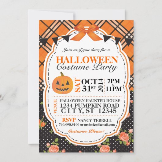 Halloween Plaid & Bloemen uitnodigen Kaart (Voorkant)