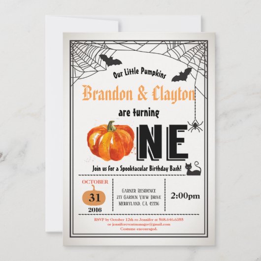 Halloween pomkin tweeling 1e verjaardag kaart