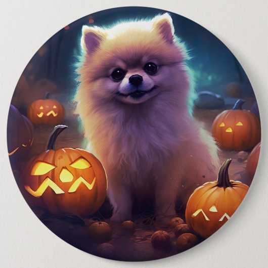 Halloween Pommeren met pompoenen eng Ronde Button 6,0 Cm (Voorkant)