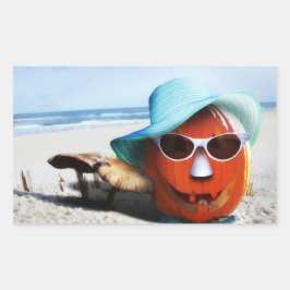 Halloween pompoen aan het strand rechthoekige sticker