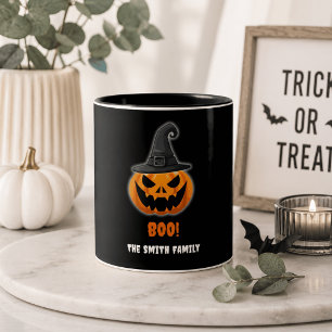 Halloween Pompoen “BOO!” – Persoonlijke Naam Tweekleurige Koffiemok