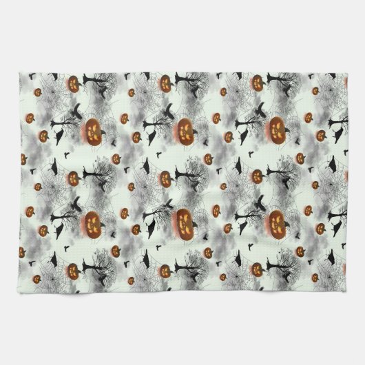 Halloween pompoen en raaf theedoek (Horizontaal)