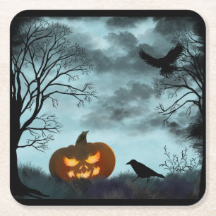 Halloween pompoen en raaf vierkante kartonnen onderzetter