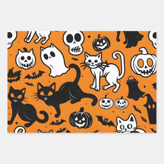 Halloween pompoen geest zwarte kat schedel inpakpapier vel (Voorkant)