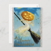 Halloween pompoen heksenbezem briefkaart (Voorkant / Achterkant)