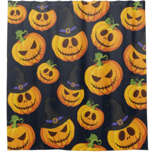 Halloween pompoen:  heksenpatroon douchegordijn (Voorkant)