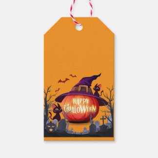 Halloween pompoen, katten en heks ha cadeaulabel