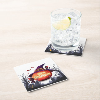 Halloween pompoen, katten en heks vierkante kartonnen onderzetter