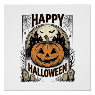 Halloween Pompoen Kerkhof Vintage Griezellig T-shi Perfect Poster