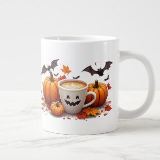Halloween Pompoen Latte Met Vleermuizen En Herfstb Extra Grote Beker