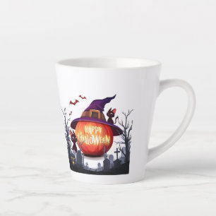 Halloween - Pompoen met Heksen Pet en Zwarte Katte Latte Mok