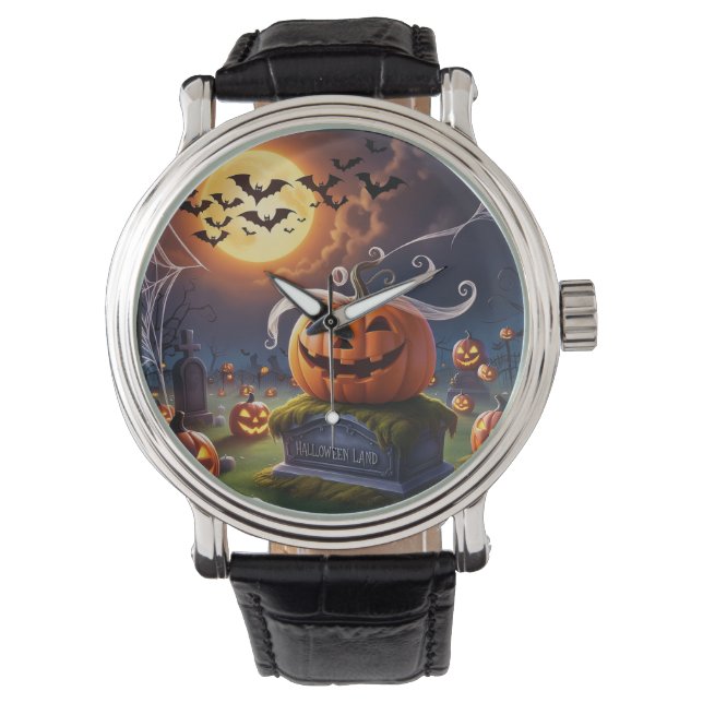 Halloween pompoen op een grafsteen horloge (Voorkant)