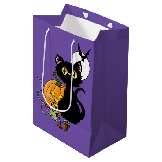 Halloween pompoen Paarse zwarte kat Medium Cadeauzakje (Voorkant Gekanteld)
