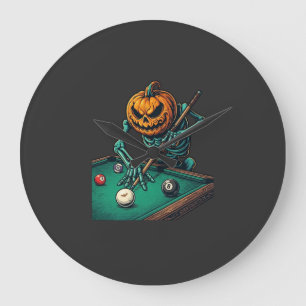 Halloween Pompoen Skelet Speelt Pool Biljart Grote Klok