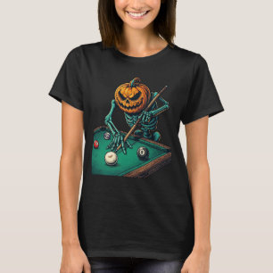 Halloween Pompoen Skelet Speelt Pool Biljart T-shirt