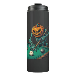 Halloween Pompoen Skelet Speelt Pool Biljart Thermosbeker