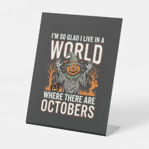 Halloween Pompoen Vogelverschrikker Oktober Wereld Reclamebord Met Voetstuk