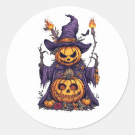 Halloween pompoen vogelverschrikker toverheks magi ronde sticker
