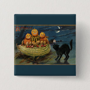  Halloween pompoenen Black Cat Vierkante Button 5,1 Cm