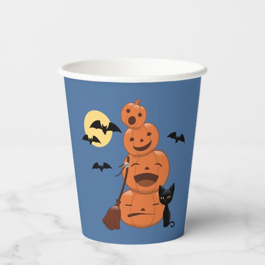 Halloween pompoenen en Black Cat Blue Papieren Bekers (Achterkant)