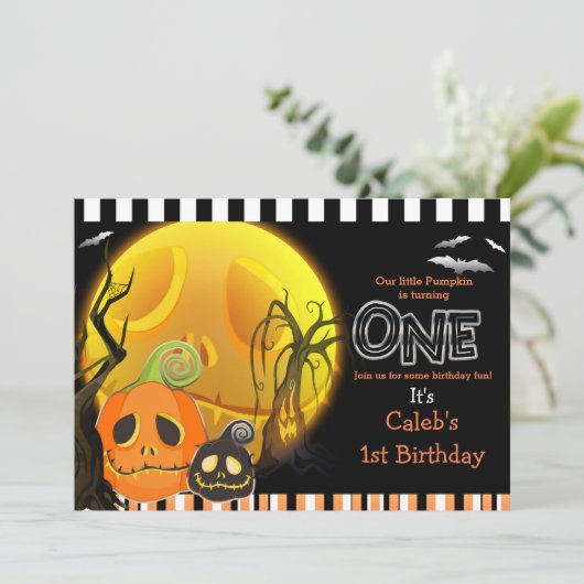 Halloween Pompoenen Moonlight 1e Verjaardagsfeest Kaart (Staand voorkant)