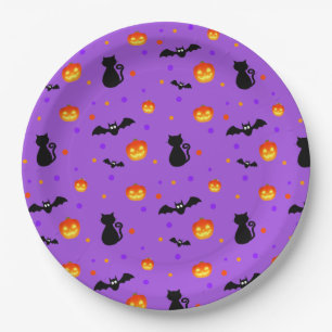 Halloween pompoenen & vleermuizen op paars papieren bordje