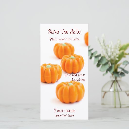 Halloween pompoensuikergoed save the date (Staand voorkant)