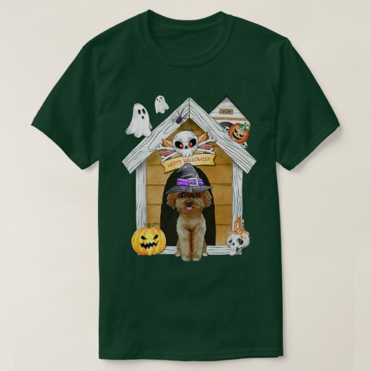 Halloween Poodle Dog Witch Haunted House T-shirt (Design voorkant)