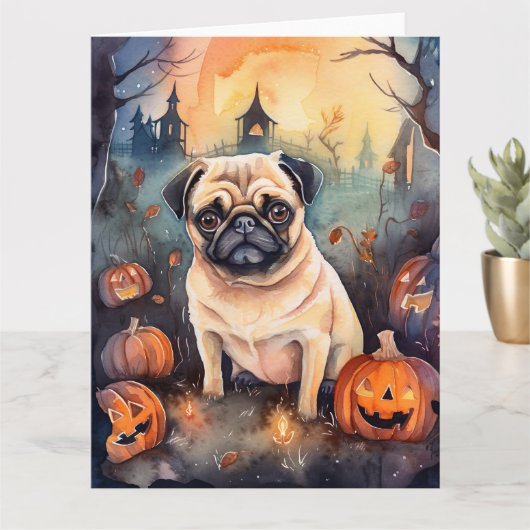 Halloween PUG Met Pompoenen Eng Kaart (Kleine Plant)