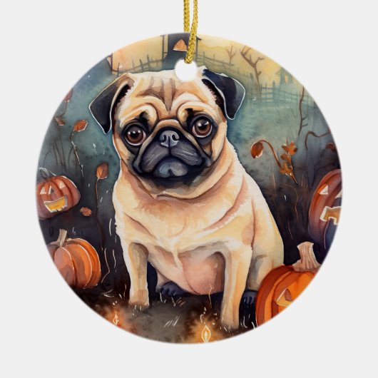 Halloween Pug met pompoenen eng Keramisch Ornament (Voorkant)