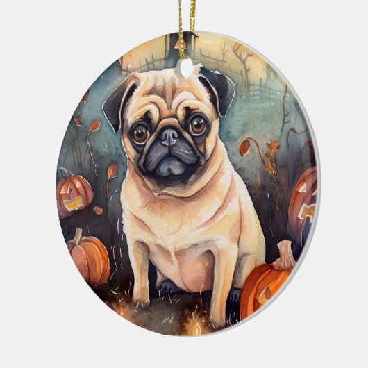 Halloween Pug met pompoenen eng Keramisch Ornament (Links)