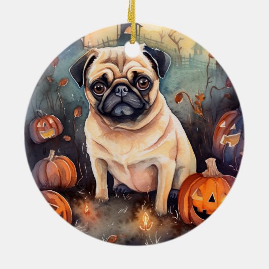 Halloween Pug met pompoenen eng Keramisch Ornament (Achterkant)