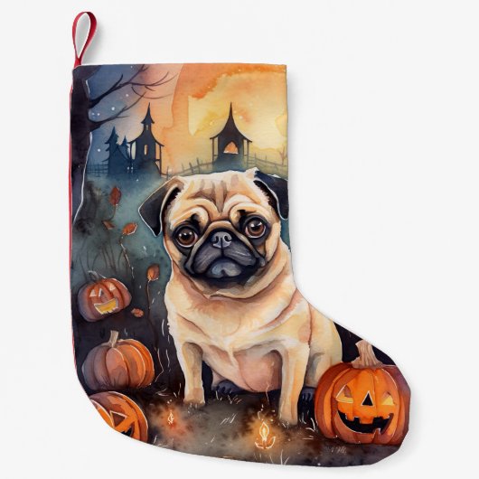 Halloween Pug met pompoenen eng Kleine Kerstsok (Voorkant)