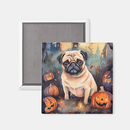 Halloween Pug met pompoenen eng Magneet (Voorkant / Achterkant)