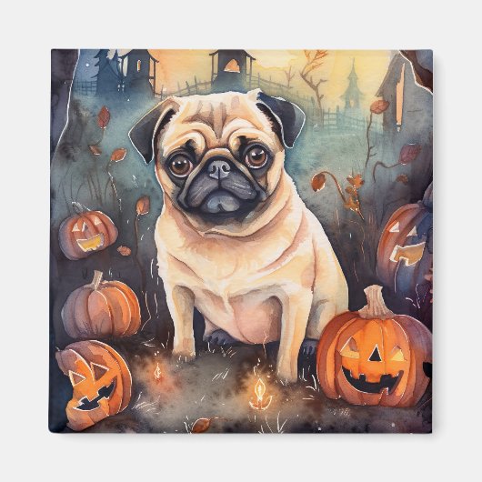 Halloween Pug met pompoenen eng Magneet (Voorkant)