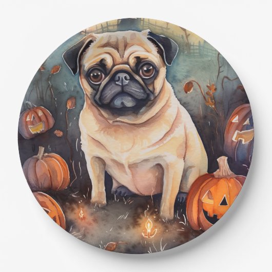 Halloween Pug met pompoenen eng Papieren Bordje (Voorkant)