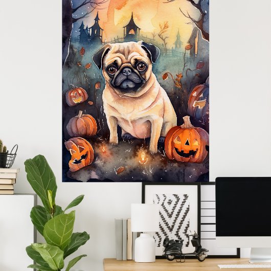 Halloween Pug met pompoenen eng Poster (Thuiskantoor)