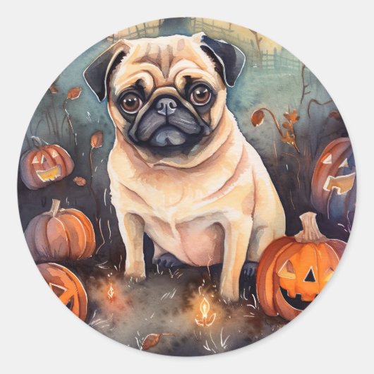 Halloween Pug met pompoenen eng Ronde Sticker (Voorkant)