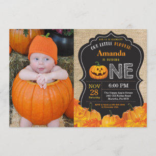 Halloween Pumpkin 1st Birthday Invitation Burlap Kaart