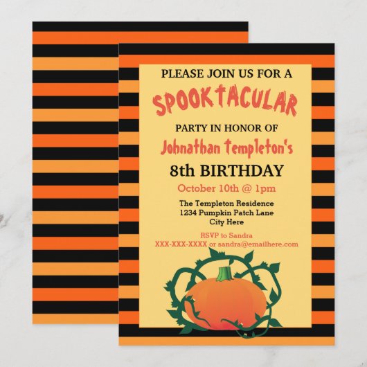 Halloween Pumpkin Birthday Party Invitations Kaart (Voorkant / Achterkant)
