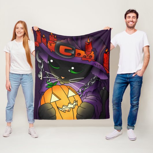 Halloween Pumpkin Black Witch Cat Fleece Deken (In situ)