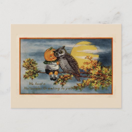 Halloween Pumpkin Boy Owl Tree Branch Moon Briefkaart (Voorkant)
