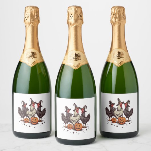 Halloween Pumpkin Chicken Witch Herfst Sparkling Wijnetiket (Flessen)