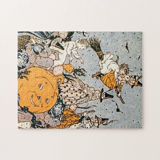 Halloween Pumpkin en heksen met bezems Legpuzzel (Horizontaal)