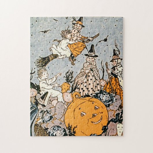 Halloween Pumpkin en heksen met bezems Legpuzzel (Verticaal)
