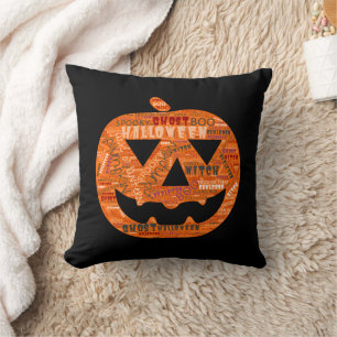 Halloween Pumpkin Jack-o'-Lantern Word Cloud Zwart Kussen