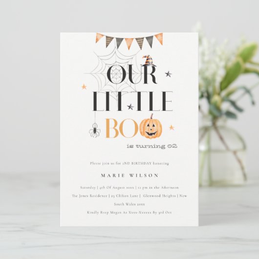 Halloween Pumpkin Little Boo Kids Birthday Invite Bedankkaart (Staand voorkant)